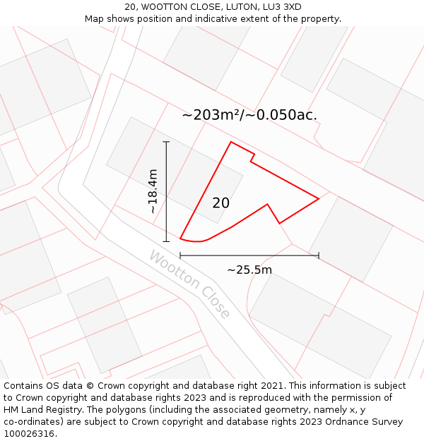 20, WOOTTON CLOSE, LUTON, LU3 3XD: Plot and title map