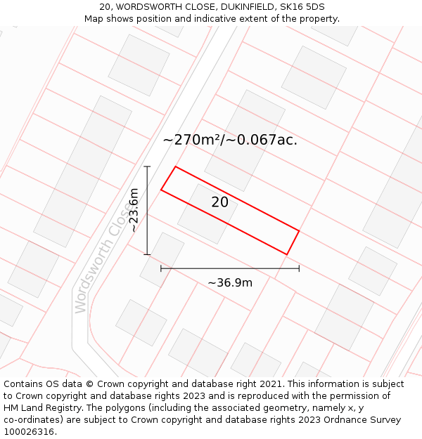 20, WORDSWORTH CLOSE, DUKINFIELD, SK16 5DS: Plot and title map