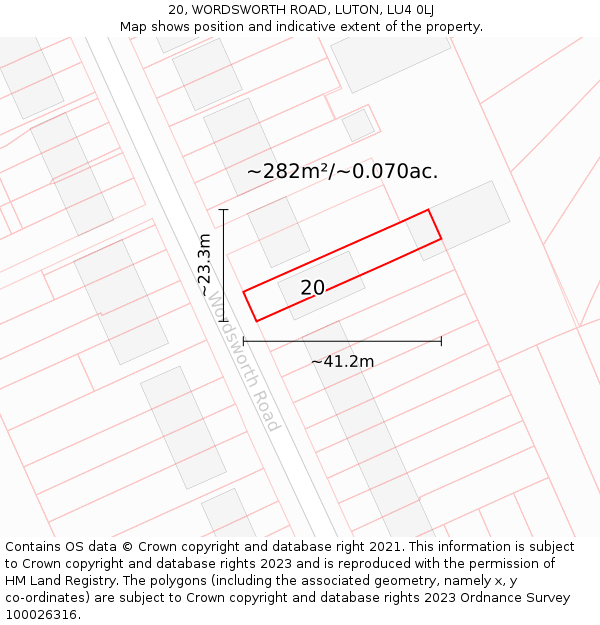 20, WORDSWORTH ROAD, LUTON, LU4 0LJ: Plot and title map