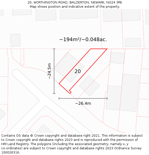 20, WORTHINGTON ROAD, BALDERTON, NEWARK, NG24 3RE: Plot and title map