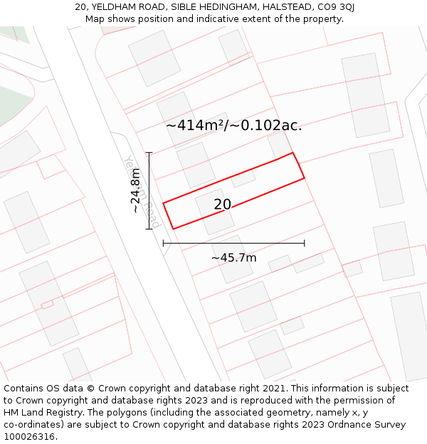 20, YELDHAM ROAD, SIBLE HEDINGHAM, HALSTEAD, CO9 3QJ: Plot and title map