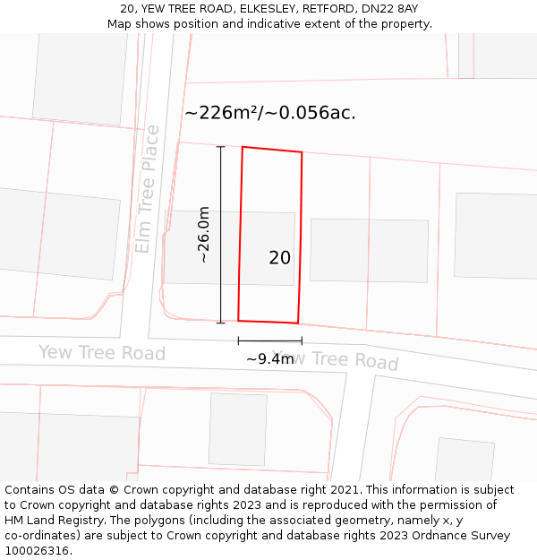 20, YEW TREE ROAD, ELKESLEY, RETFORD, DN22 8AY: Plot and title map