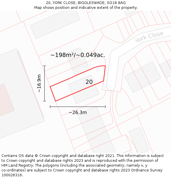 20, YORK CLOSE, BIGGLESWADE, SG18 8AG: Plot and title map