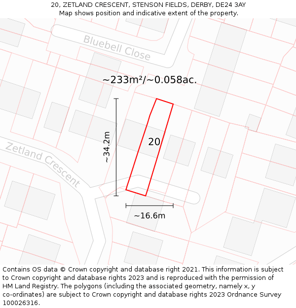 20, ZETLAND CRESCENT, STENSON FIELDS, DERBY, DE24 3AY: Plot and title map