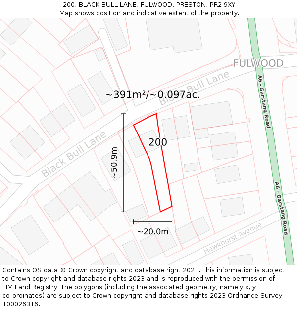 200, BLACK BULL LANE, FULWOOD, PRESTON, PR2 9XY: Plot and title map