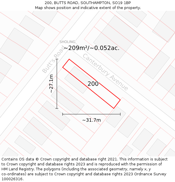 200, BUTTS ROAD, SOUTHAMPTON, SO19 1BP: Plot and title map