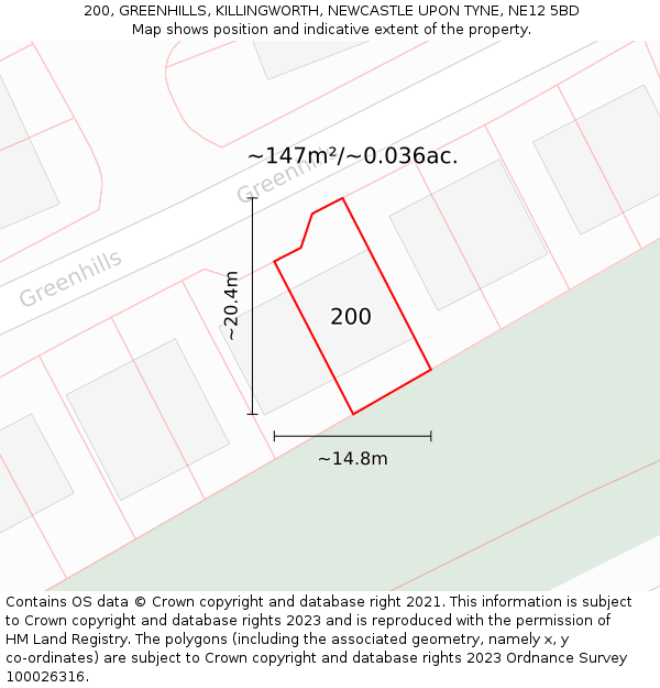 200, GREENHILLS, KILLINGWORTH, NEWCASTLE UPON TYNE, NE12 5BD: Plot and title map