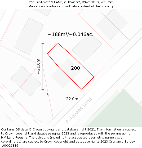 200, POTOVENS LANE, OUTWOOD, WAKEFIELD, WF1 2PE: Plot and title map
