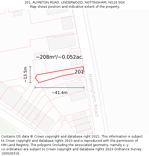 201, ALFRETON ROAD, UNDERWOOD, NOTTINGHAM, NG16 5GX: Plot and title map