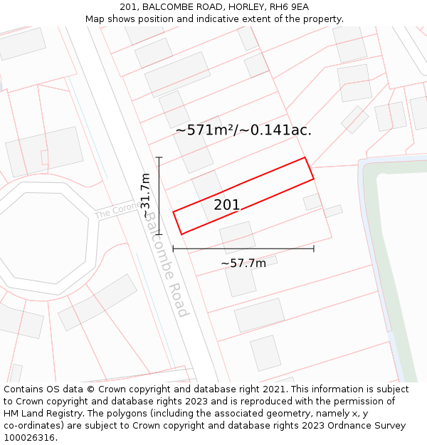 201, BALCOMBE ROAD, HORLEY, RH6 9EA: Plot and title map