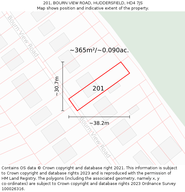 201, BOURN VIEW ROAD, HUDDERSFIELD, HD4 7JS: Plot and title map