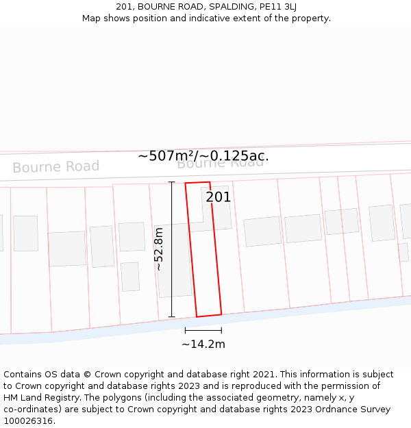 201, BOURNE ROAD, SPALDING, PE11 3LJ: Plot and title map