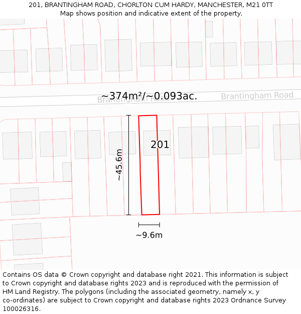 201, BRANTINGHAM ROAD, CHORLTON CUM HARDY, MANCHESTER, M21 0TT: Plot and title map