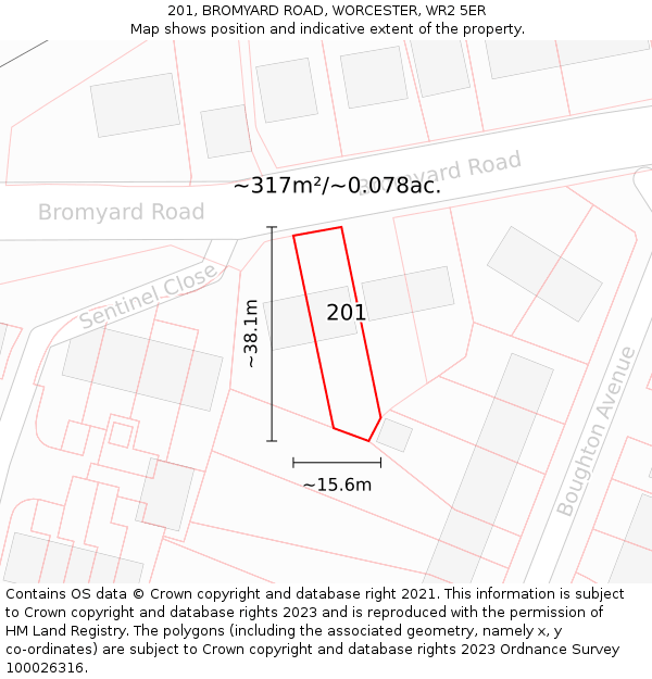 201, BROMYARD ROAD, WORCESTER, WR2 5ER: Plot and title map