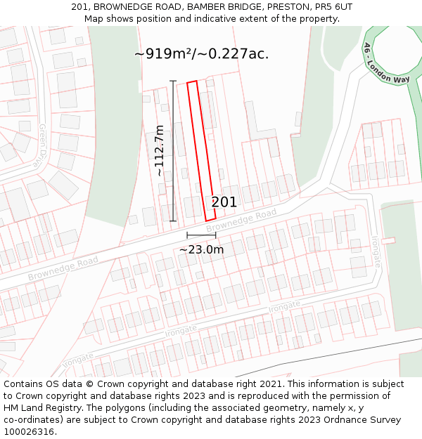 201, BROWNEDGE ROAD, BAMBER BRIDGE, PRESTON, PR5 6UT: Plot and title map