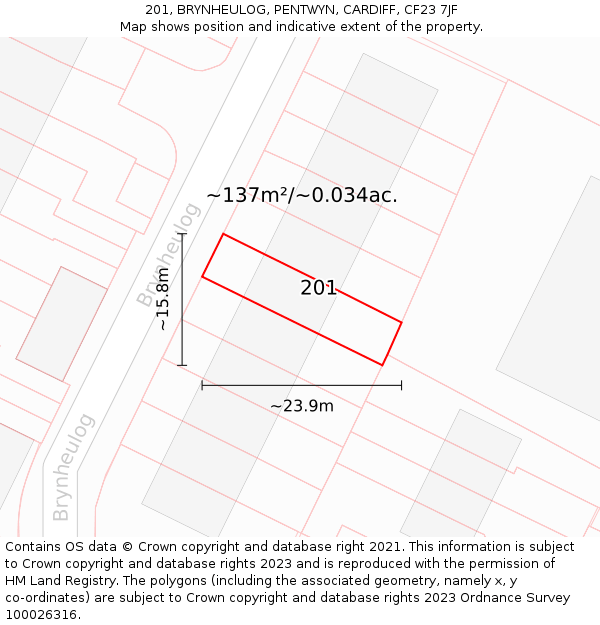 201, BRYNHEULOG, PENTWYN, CARDIFF, CF23 7JF: Plot and title map