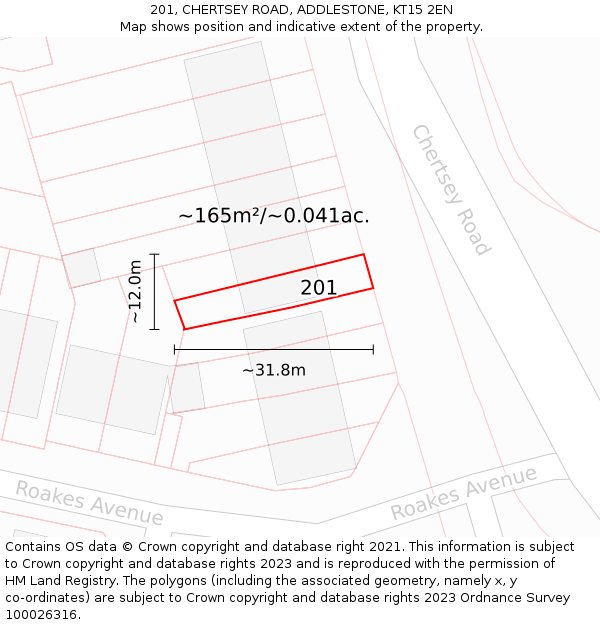 201, CHERTSEY ROAD, ADDLESTONE, KT15 2EN: Plot and title map