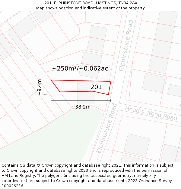 201, ELPHINSTONE ROAD, HASTINGS, TN34 2AX: Plot and title map