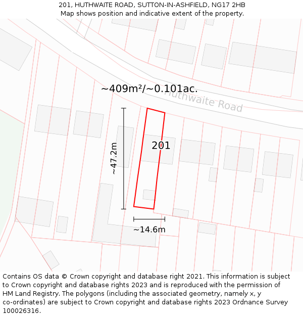 201, HUTHWAITE ROAD, SUTTON-IN-ASHFIELD, NG17 2HB: Plot and title map