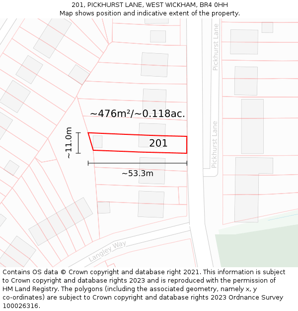 201, PICKHURST LANE, WEST WICKHAM, BR4 0HH: Plot and title map