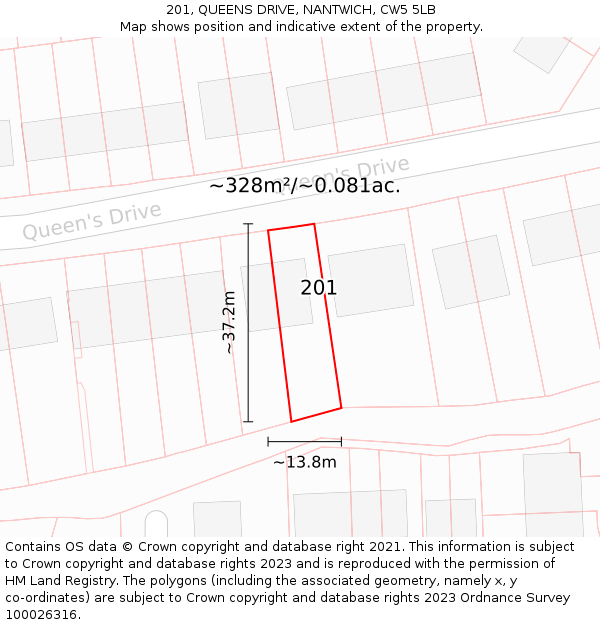 201, QUEENS DRIVE, NANTWICH, CW5 5LB: Plot and title map