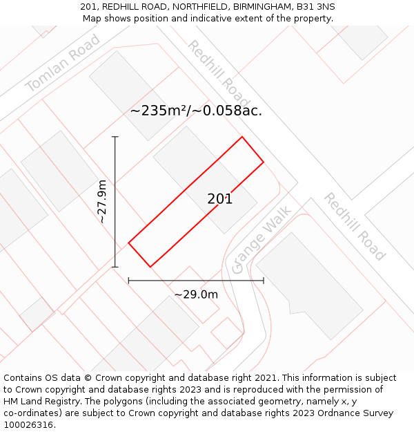 201, REDHILL ROAD, NORTHFIELD, BIRMINGHAM, B31 3NS: Plot and title map