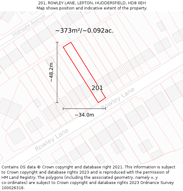 201, ROWLEY LANE, LEPTON, HUDDERSFIELD, HD8 0EH: Plot and title map