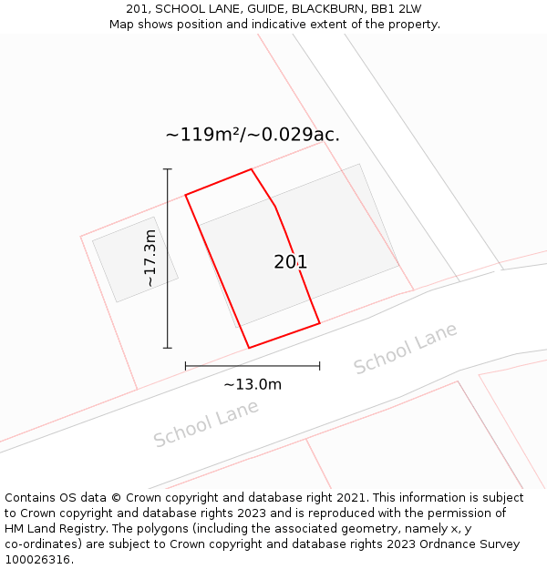 201, SCHOOL LANE, GUIDE, BLACKBURN, BB1 2LW: Plot and title map