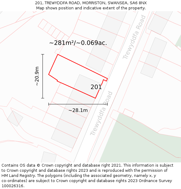 201, TREWYDDFA ROAD, MORRISTON, SWANSEA, SA6 8NX: Plot and title map