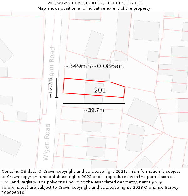 201, WIGAN ROAD, EUXTON, CHORLEY, PR7 6JG: Plot and title map