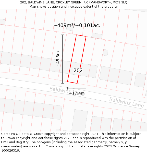 202, BALDWINS LANE, CROXLEY GREEN, RICKMANSWORTH, WD3 3LQ: Plot and title map