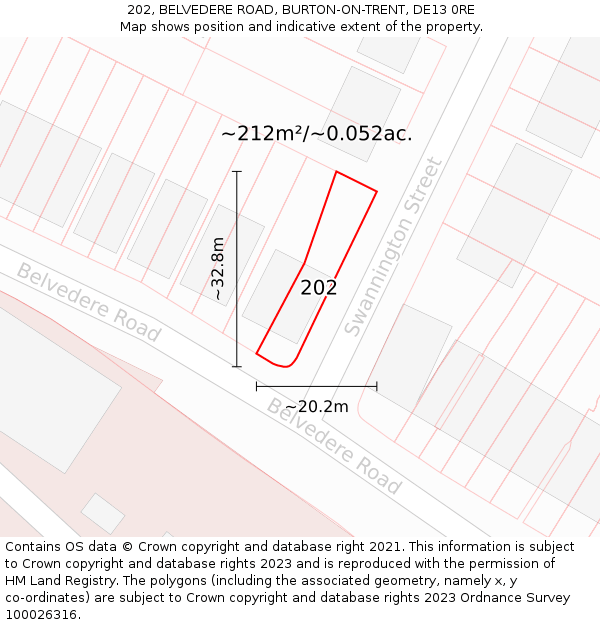 202, BELVEDERE ROAD, BURTON-ON-TRENT, DE13 0RE: Plot and title map