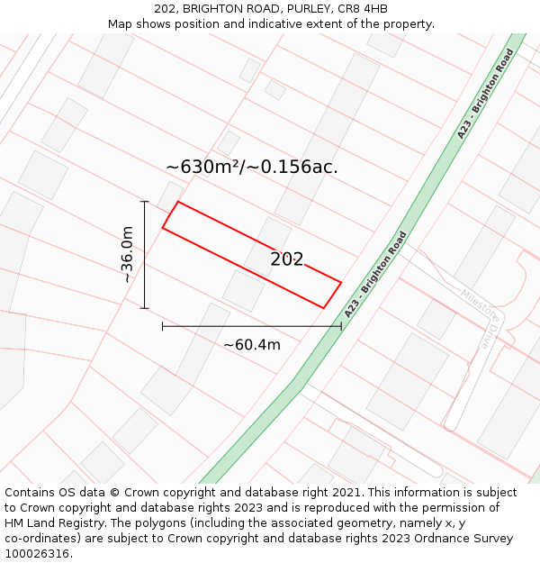 202, BRIGHTON ROAD, PURLEY, CR8 4HB: Plot and title map