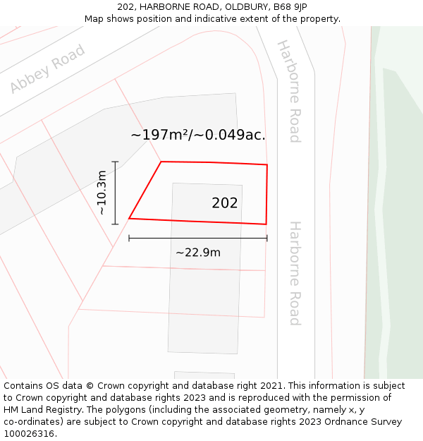 202, HARBORNE ROAD, OLDBURY, B68 9JP: Plot and title map