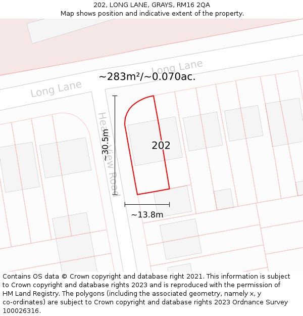 202, LONG LANE, GRAYS, RM16 2QA: Plot and title map