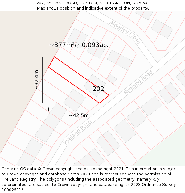 202, RYELAND ROAD, DUSTON, NORTHAMPTON, NN5 6XF: Plot and title map