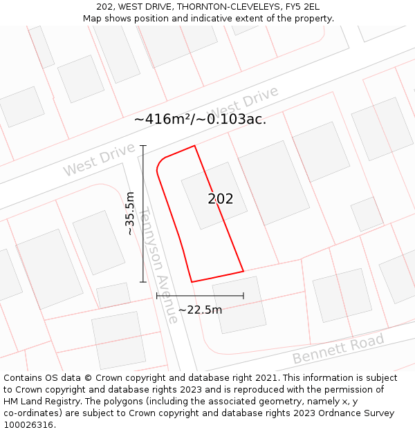 202, WEST DRIVE, THORNTON-CLEVELEYS, FY5 2EL: Plot and title map