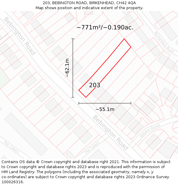 203, BEBINGTON ROAD, BIRKENHEAD, CH42 4QA: Plot and title map