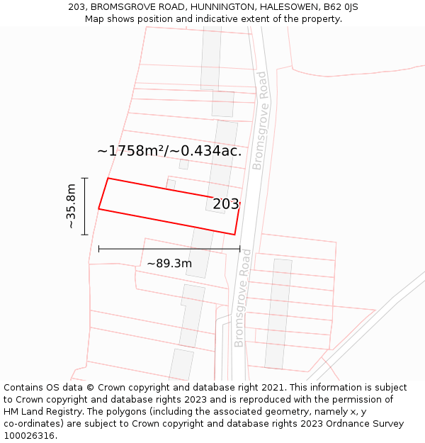 203, BROMSGROVE ROAD, HUNNINGTON, HALESOWEN, B62 0JS: Plot and title map