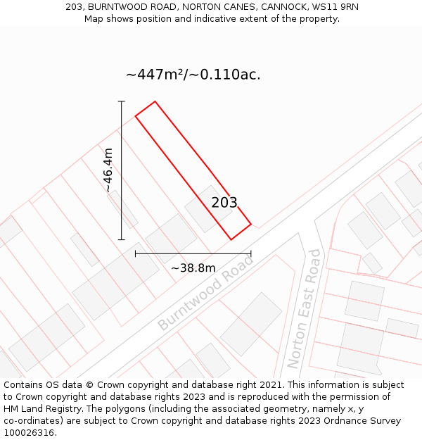 203, BURNTWOOD ROAD, NORTON CANES, CANNOCK, WS11 9RN: Plot and title map