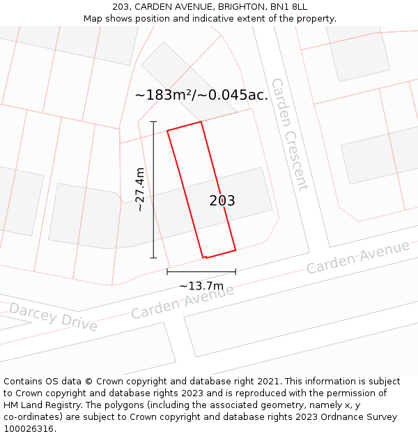 203, CARDEN AVENUE, BRIGHTON, BN1 8LL: Plot and title map