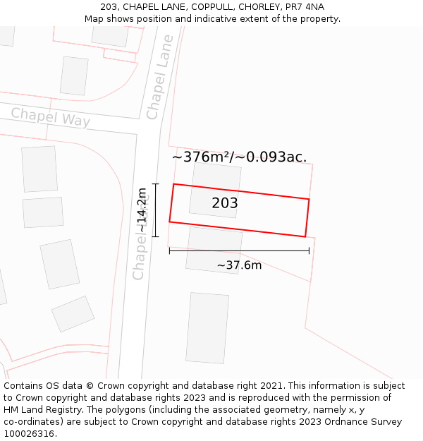 203, CHAPEL LANE, COPPULL, CHORLEY, PR7 4NA: Plot and title map