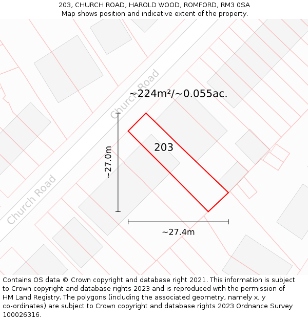 203, CHURCH ROAD, HAROLD WOOD, ROMFORD, RM3 0SA: Plot and title map