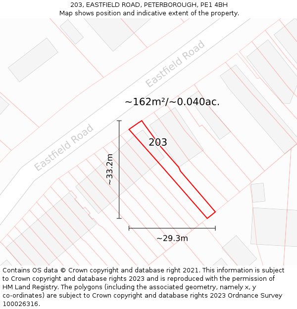 203, EASTFIELD ROAD, PETERBOROUGH, PE1 4BH: Plot and title map