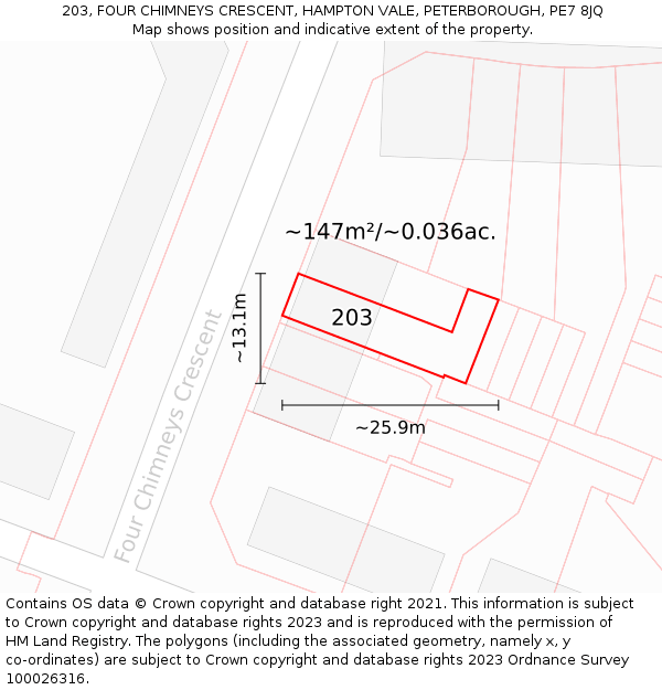 203, FOUR CHIMNEYS CRESCENT, HAMPTON VALE, PETERBOROUGH, PE7 8JQ: Plot and title map