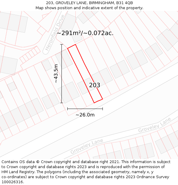 203, GROVELEY LANE, BIRMINGHAM, B31 4QB: Plot and title map