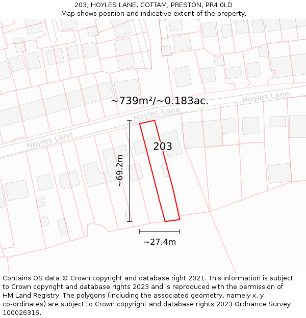 203, HOYLES LANE, COTTAM, PRESTON, PR4 0LD: Plot and title map