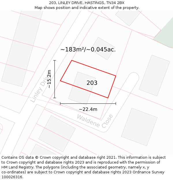 203, LINLEY DRIVE, HASTINGS, TN34 2BX: Plot and title map
