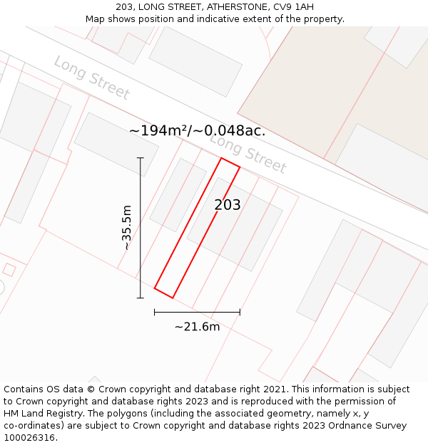 203, LONG STREET, ATHERSTONE, CV9 1AH: Plot and title map