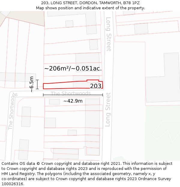 203, LONG STREET, DORDON, TAMWORTH, B78 1PZ: Plot and title map